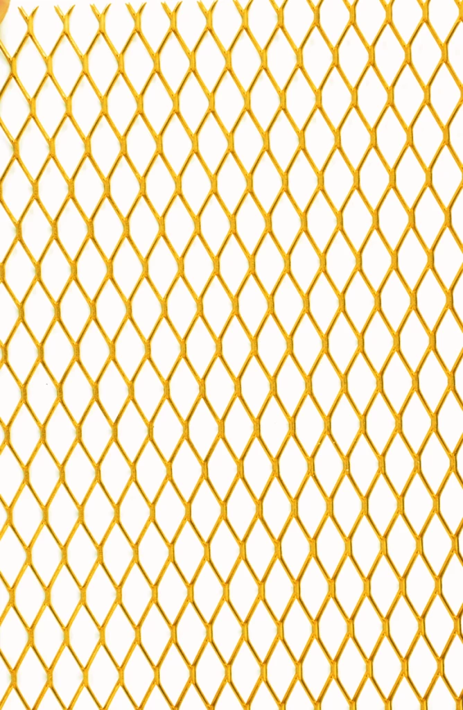 Grille de métal déployé référence 481 en aluminium anodisé or, dimensions 1000X1000, épaisseur 0,8mm