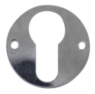 Entrées rondes pour portes en inox poli brillant, modèle clé I, épaisseur de 0,8 mm, percées fraisées pour vis de 3 mm