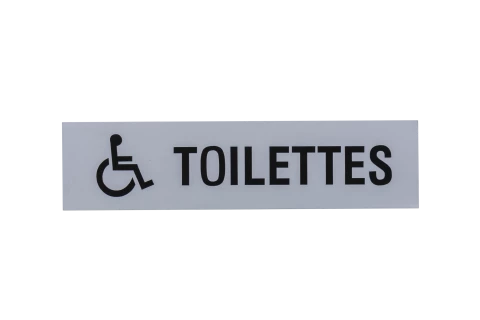 Plaque signalétique adhésive "Toilette" + picto handicapé, aluminium anodisé argent, 160X40mm 