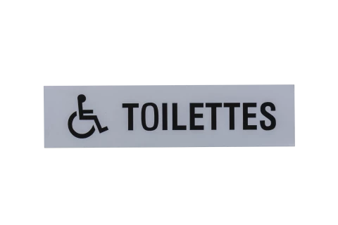Plaque signalétique adhésive "Toilette" + picto handicapé, aluminium anodisé argent, 160X40mm