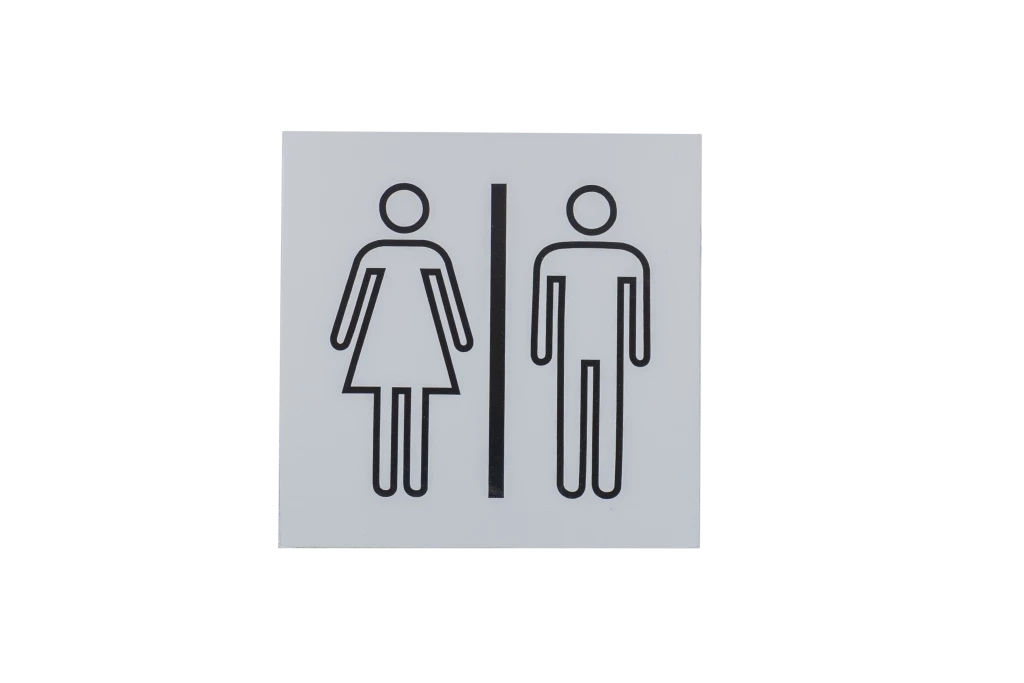 Plaque signalétique adhésive picto H/F, aluminium anodisé argent, 120X120mm