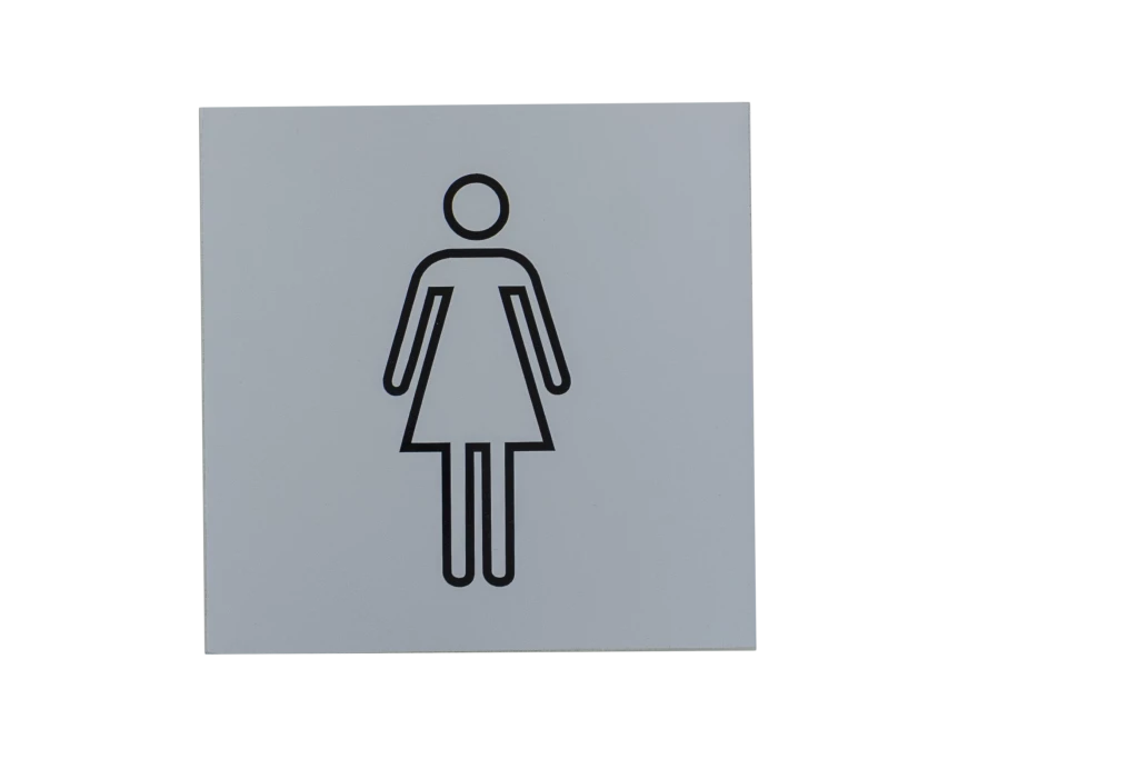 Plaque signalétique adhésive picto F, aluminium anodisé argent, 120X120mm