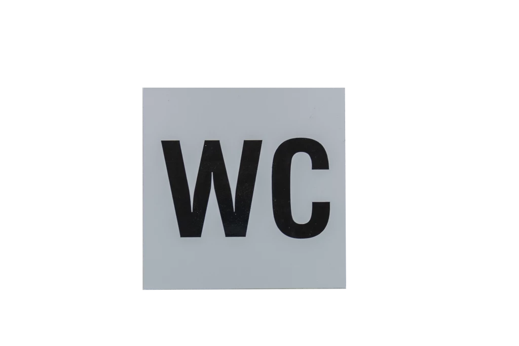 Plaque signalétique adhésive WC, aluminium anodisé argent, 120X120mm
