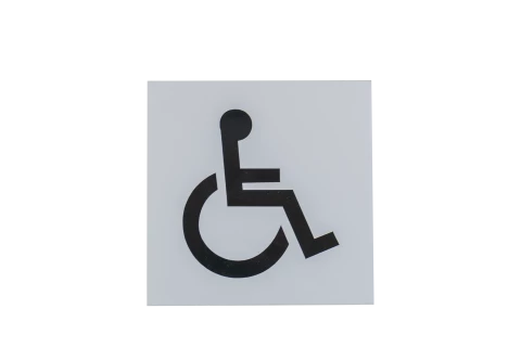 Plaque signalétique adhésive "WC" + picto handicapé, aluminium anodisé argent, 120X120mm