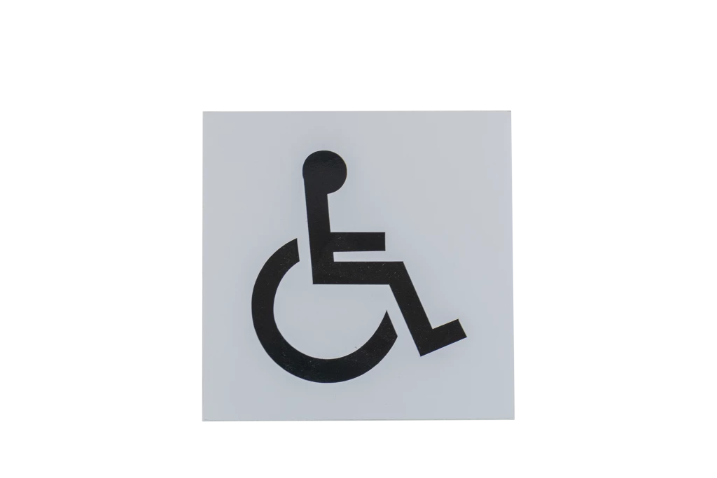 Plaque signalétique adhésive "WC" + picto handicapé, aluminium anodisé argent, 120X120mm