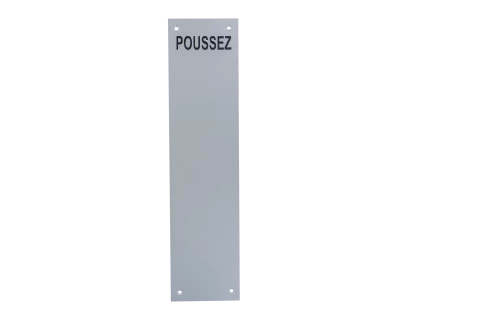 Plaque signalétique "POUSSEZ" en aluminium anodisé argent percée 4 trous 75X305mm
