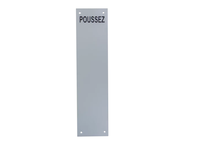 Plaque signalétique "POUSSEZ" en aluminium anodisé argent percée 4 trous 75X305mm