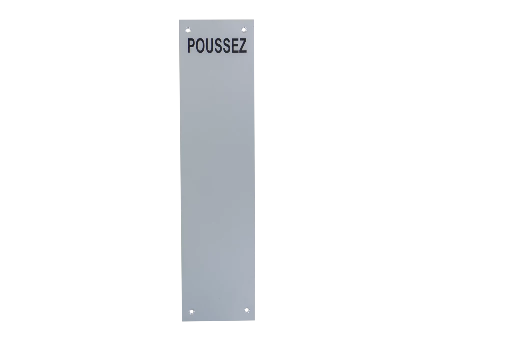 Plaque signalétique "POUSSEZ" en aluminium anodisé argent percée 4 trous 75X305mm