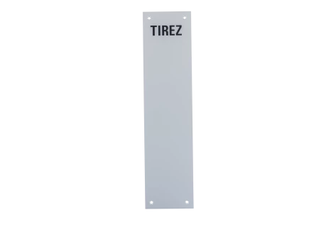 Plaque signalétique "TIREZ" en aluminium anodisé argent percée 4 trous 75X305mm