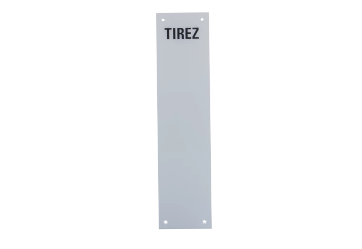 Plaque signalétique "TIREZ" en aluminium anodisé argent percée 4 trous 75X305mm