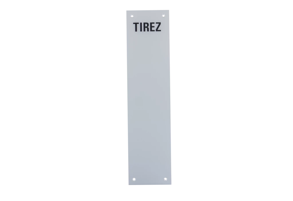 Plaque signalétique "TIREZ" en aluminium anodisé argent percée 4 trous 75X305mm