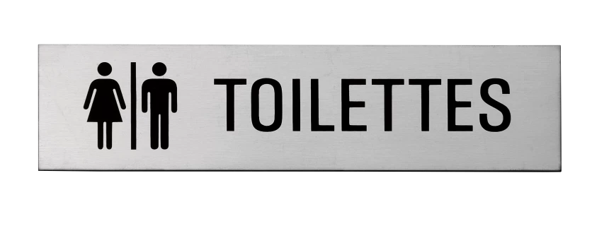 Plaque signalétique adhésive "Toilettes" + picto H/F, inox 304 satiné, 160X40mm 