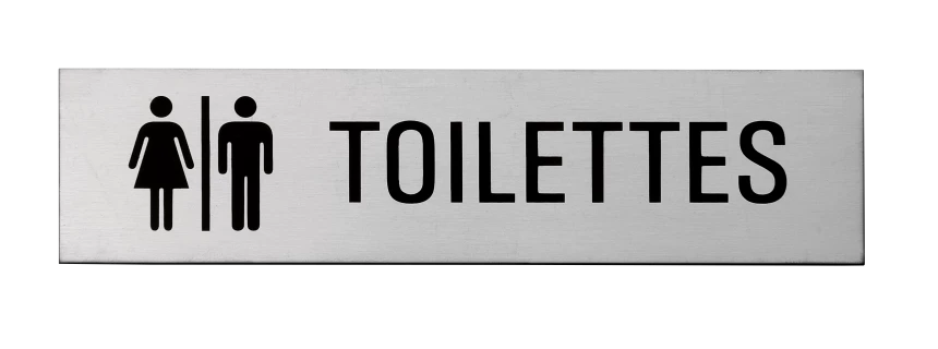 Plaque signalétique adhésive "Toilettes" + picto H/F, inox 304 satiné, 160X40mm