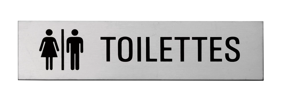 Plaque signalétique adhésive "Toilettes" + picto H/F, inox 304 satiné, 160X40mm