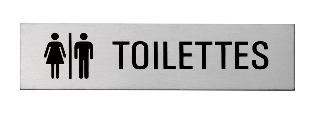 Plaque signalétique adhésive "Toilettes" + picto H/F, inox 304 satiné, 160X40mm