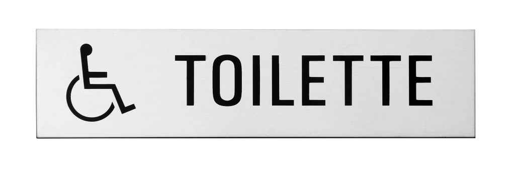 Plaque signalétique adhésive "Toilette" + picto handicapé, inox 304 satiné, 160X40mm