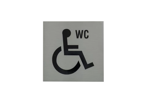 Plaque signalétique adhésive "WC" + picto handicapé, inox 304 satiné, 85X85mm 
