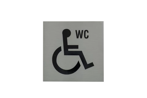 Plaque signalétique adhésive "WC" + picto handicapé, inox 304 satiné, 85X85mm