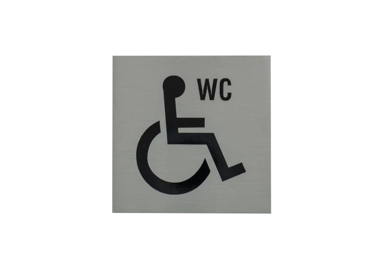 Plaque signalétique adhésive "WC" + picto handicapé, inox 304 satiné, 85X85mm