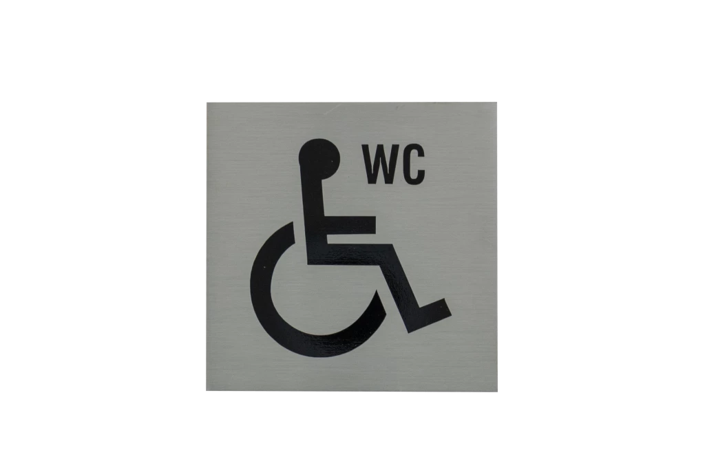 Plaque signalétique adhésive "WC" + picto handicapé, inox 304 satiné, 85X85mm