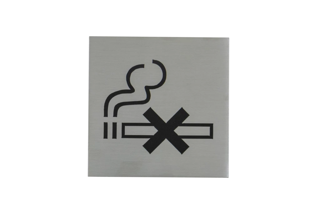 Plaque signalétique adhésive picto "ne pas fumer", inox 304 satiné, 85X85mm